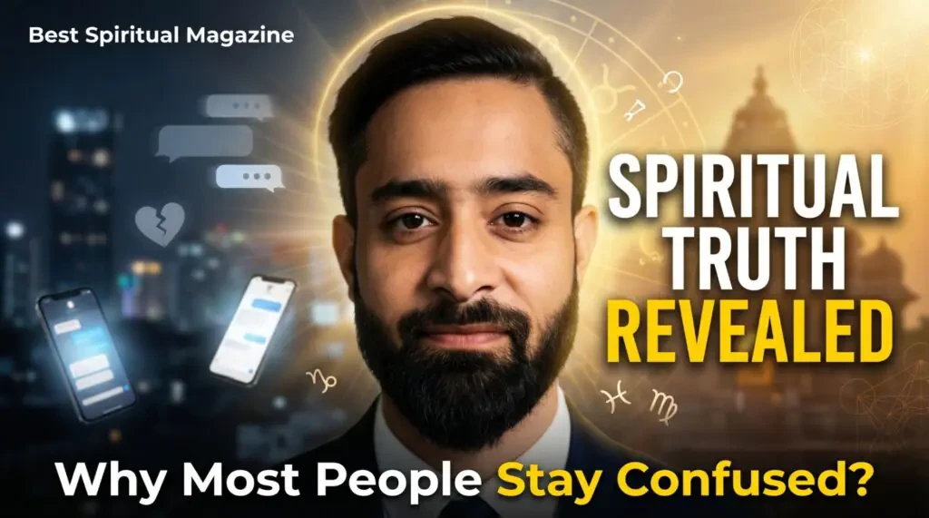 Bhagwat Prapti Sandesh Darshan Best Spiritual Magazine thumbnail showing modern confusion vs spiritual clarity with astrology elements