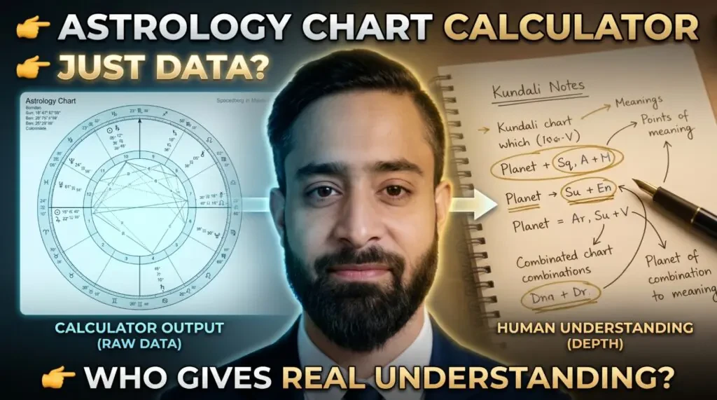 Astrology chart calculator vs human interpretation showing raw birth chart data and kundali analysis for deeper astrology understanding