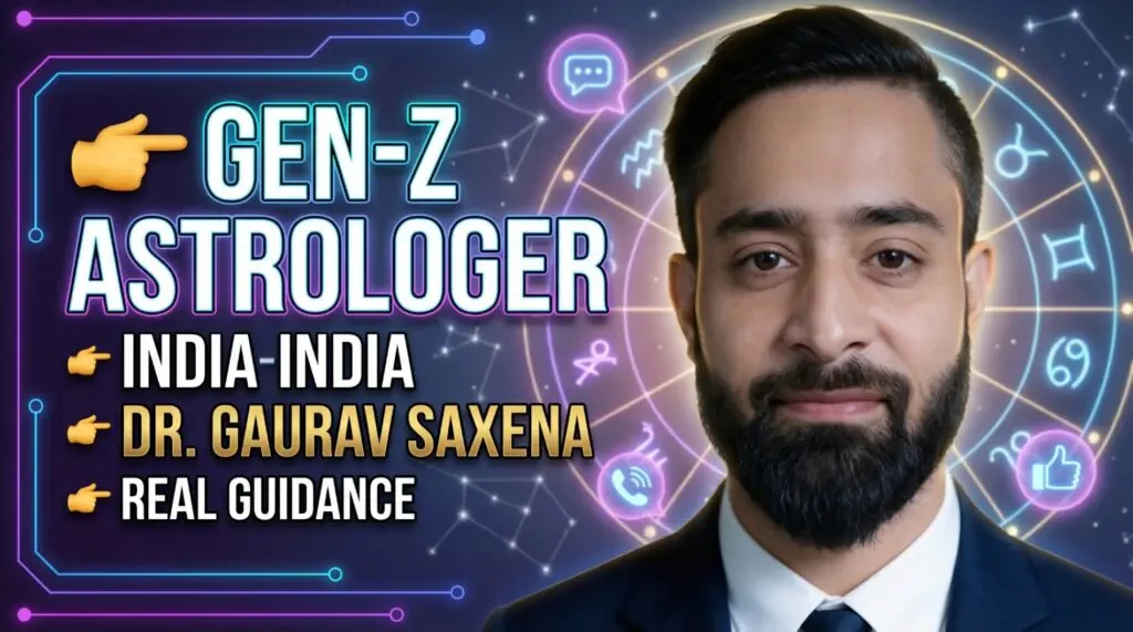 Astro Dr Gaurav Saxena best astrologer for Gen Z in India modern astrology guidance with digital zodiac background