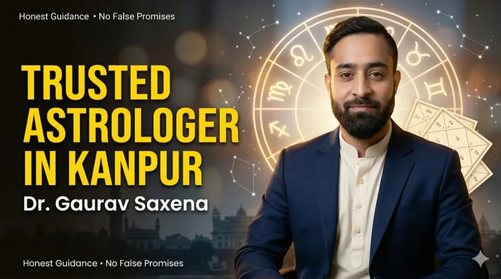 Trusted astrologer in Kanpur Dr Gaurav Saxena with zodiac chart background offering astrology, numerology and vastu consultation