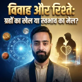 विवाह और रिश्ते: ग्रहों का खेल या स्वभाव का मेल – वैदिक ज्योतिष कुंडली मिलान, ग्रह प्रभाव और रिलेशनशिप साइकोलॉजी को दर्शाता चित्र, जिसमें राशि चक्र, ग्रह और प्रेमी युगल का प्रतीक दिखाया गया है।