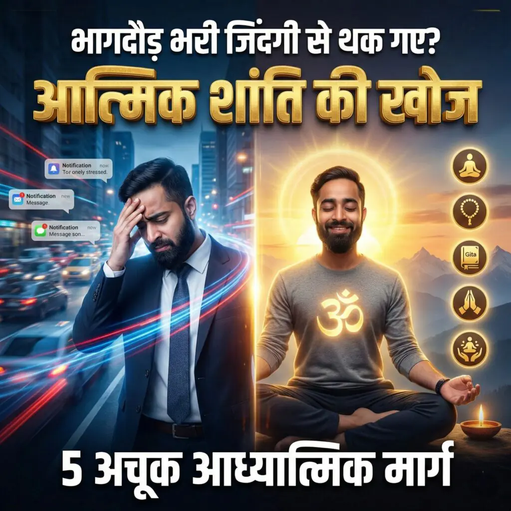 भागदौड़ भरी जिंदगी से थका व्यक्ति और ध्यान करते हुए शांत साधक, आत्मिक शांति की खोज के 5 अचूक आध्यात्मिक मार्ग – ध्यान, मंत्र जप, गीता, सत्संग और मेडिटेशन
