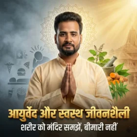 आयुर्वेद और स्वस्थ जीवनशैली का प्रतीक चित्र जिसमें एक व्यक्ति नमस्कार मुद्रा में खड़ा है, पीछे मंदिर और आयुर्वेदिक जड़ी-बूटियाँ दिखाई दे रही हैं, जो प्राकृतिक चिकित्सा, आयुर्वेद, संतुलित जीवनशैली और शरीर को मंदिर मानने की भारतीय स्वास्थ्य परंपरा को दर्शाता है।