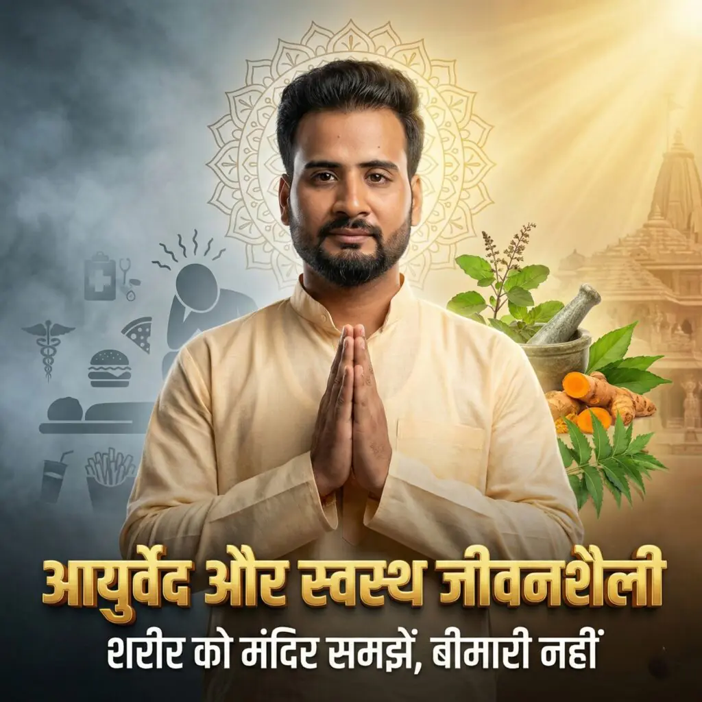 आयुर्वेद और स्वस्थ जीवनशैली का प्रतीक चित्र जिसमें एक व्यक्ति नमस्कार मुद्रा में खड़ा है, पीछे मंदिर और आयुर्वेदिक जड़ी-बूटियाँ दिखाई दे रही हैं, जो प्राकृतिक चिकित्सा, आयुर्वेद, संतुलित जीवनशैली और शरीर को मंदिर मानने की भारतीय स्वास्थ्य परंपरा को दर्शाता है।
