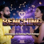 Benching in modern dating illustrated through astrology and relationship psychology, showing a man and woman facing each other with zodiac symbols and a broken heart representing emotional standby patterns, commitment confusion, and Gen-Z digital relationship dynamics.
