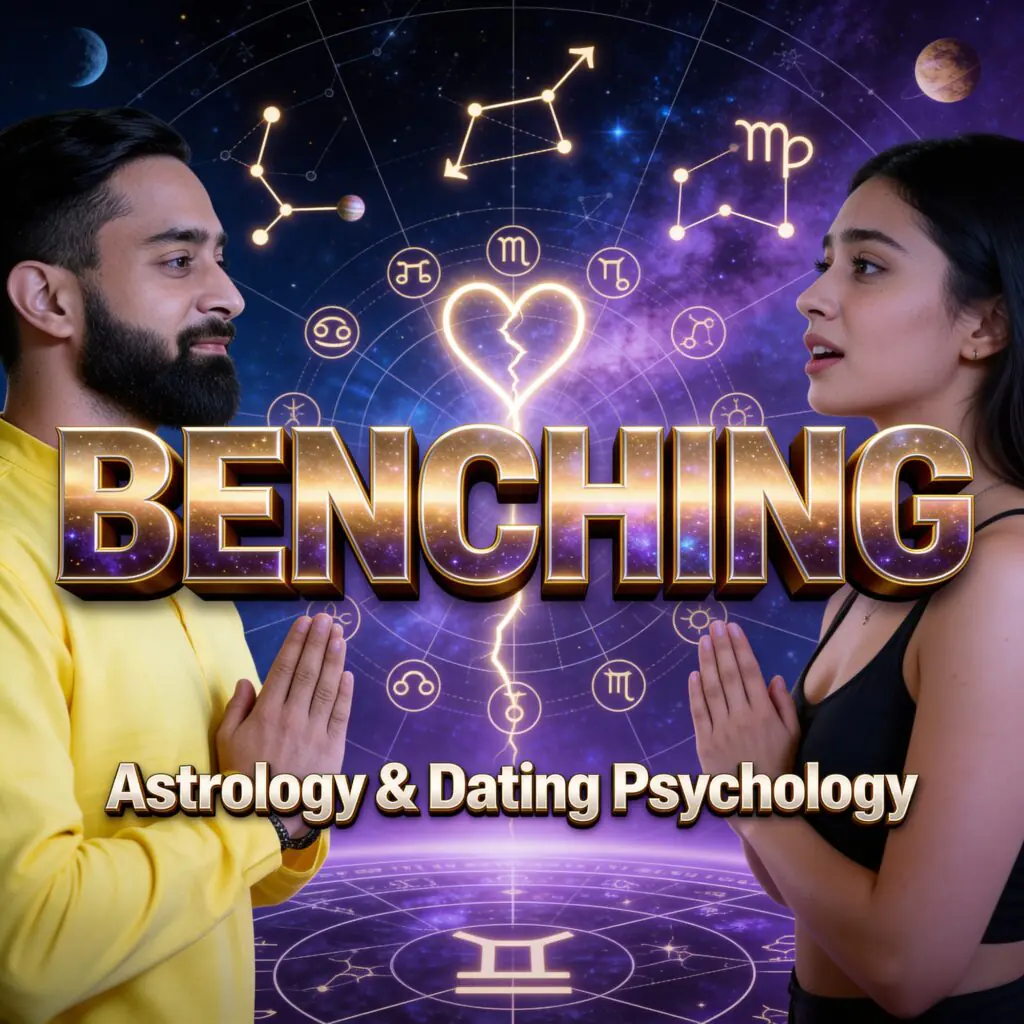 Benching in modern dating illustrated through astrology and relationship psychology, showing a man and woman facing each other with zodiac symbols and a broken heart representing emotional standby patterns, commitment confusion, and Gen-Z digital relationship dynamics.