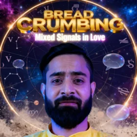 Bread crumbing in modern dating showing a confused man surrounded by zodiac signs and chat bubbles symbolizing mixed signals, digital relationship confusion, and astrology-based love analysis.