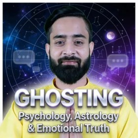 Ghosting in modern relationships explained through psychology and astrology, featuring a man with folded hands in front of a zodiac wheel background symbolizing emotional detachment, digital dating silence, and Gen-Z relationship patterns.