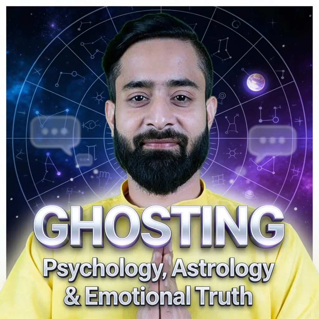 Ghosting in modern relationships explained through psychology and astrology, featuring a man with folded hands in front of a zodiac wheel background symbolizing emotional detachment, digital dating silence, and Gen-Z relationship patterns.