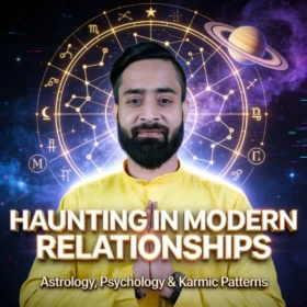 Haunting in modern relationships explained through astrology, psychology, and karmic patterns, featuring a spiritual astrologer with zodiac wheel and planetary symbols representing Gen-Z digital dating behavior and emotional cycles.