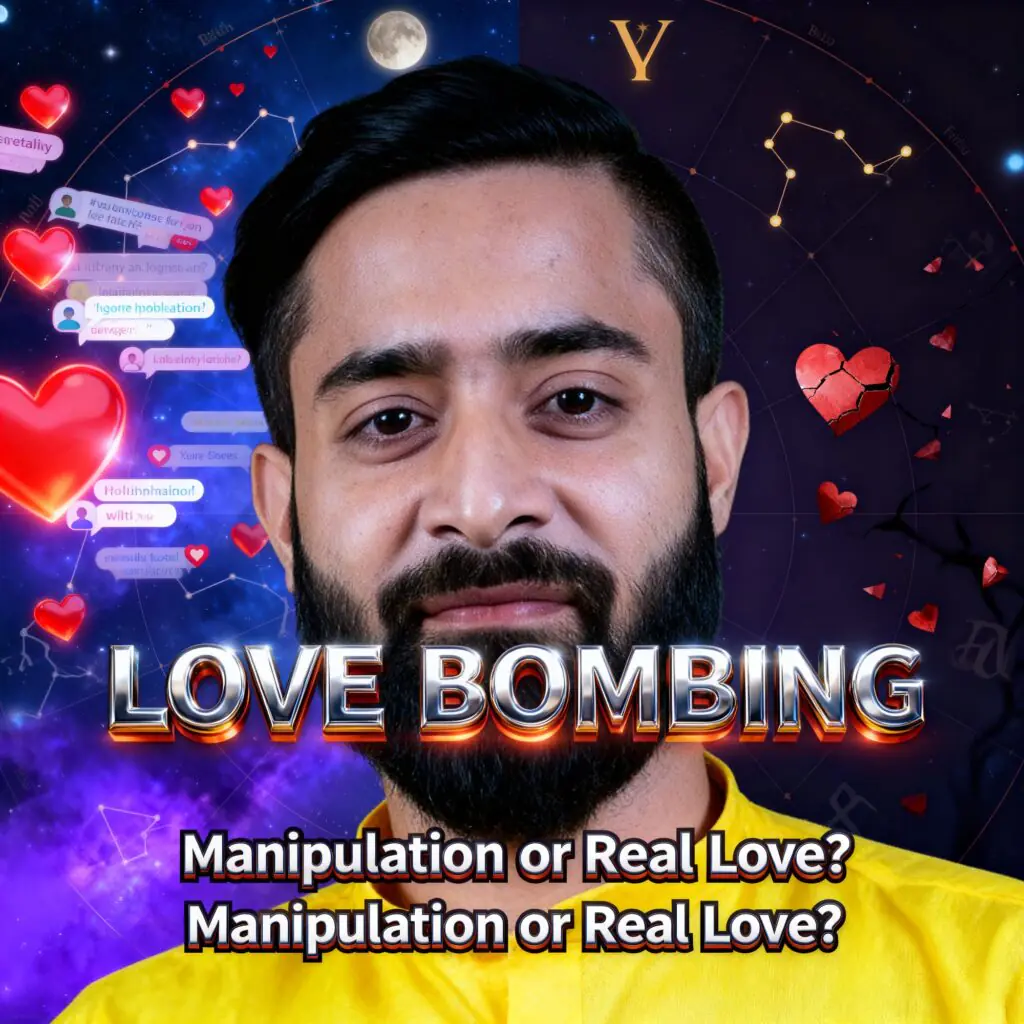Love bombing relationship psychology concept showing a man with zodiac constellations, hearts, and social media messages symbolizing emotional manipulation, intense digital romance, and modern dating red flags in Gen-Z relationships.