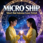 Micro Ship relationship concept illustration showing a young couple holding a glowing heart with zodiac signs and cosmic astrology background, representing Gen-Z short but intense love trend, modern dating psychology, and astrology compatibility in relationships.