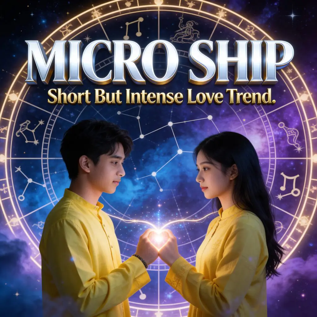 Micro Ship relationship concept illustration showing a young couple holding a glowing heart with zodiac signs and cosmic astrology background, representing Gen-Z short but intense love trend, modern dating psychology, and astrology compatibility in relationships.
