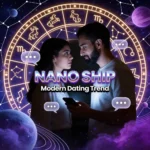Nano Ship modern dating trend illustration showing a Gen-Z couple communicating through smartphones with zodiac astrology wheel background symbolizing micro-relationships, digital intimacy, and astrology-based relationship psychology.