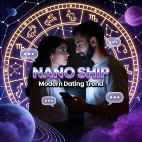 Nano Ship modern dating trend illustration showing a Gen-Z couple communicating through smartphones with zodiac astrology wheel background symbolizing micro-relationships, digital intimacy, and astrology-based relationship psychology.