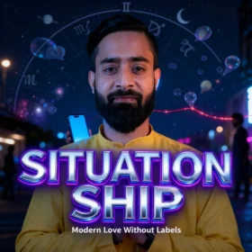 Situation Ship modern dating concept showing a young man with zodiac wheel and planets in the background symbolizing astrology, Gen-Z relationship confusion, modern love without labels, and psychology behind undefined romantic connections.