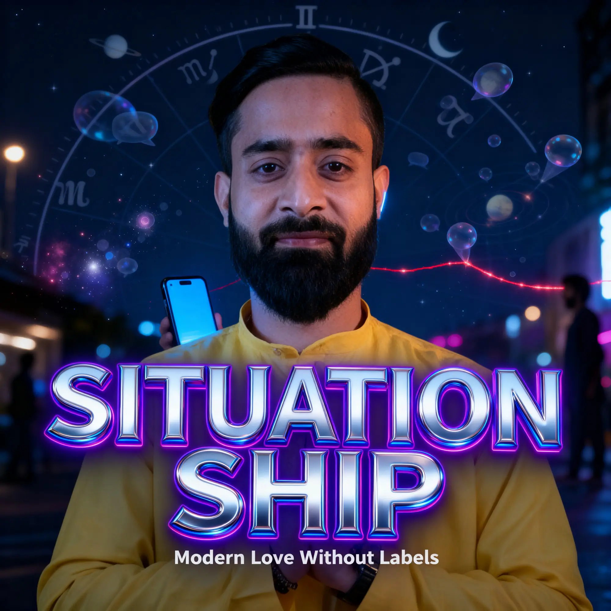 Situation Ship modern dating concept showing a young man with zodiac wheel and planets in the background symbolizing astrology, Gen-Z relationship confusion, modern love without labels, and psychology behind undefined romantic connections.