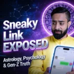 “Sneaky Link exposed concept showing a man looking at secret chat messages on his phone with zodiac astrology wheel in background representing Gen-Z hidden relationships, psychology of secret dating, and astrology insights into modern sneaky link culture.”