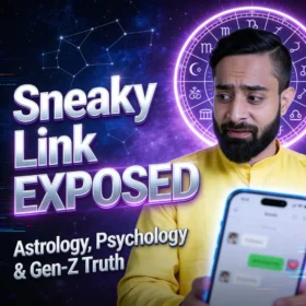 “Sneaky Link exposed concept showing a man looking at secret chat messages on his phone with zodiac astrology wheel in background representing Gen-Z hidden relationships, psychology of secret dating, and astrology insights into modern sneaky link culture.”