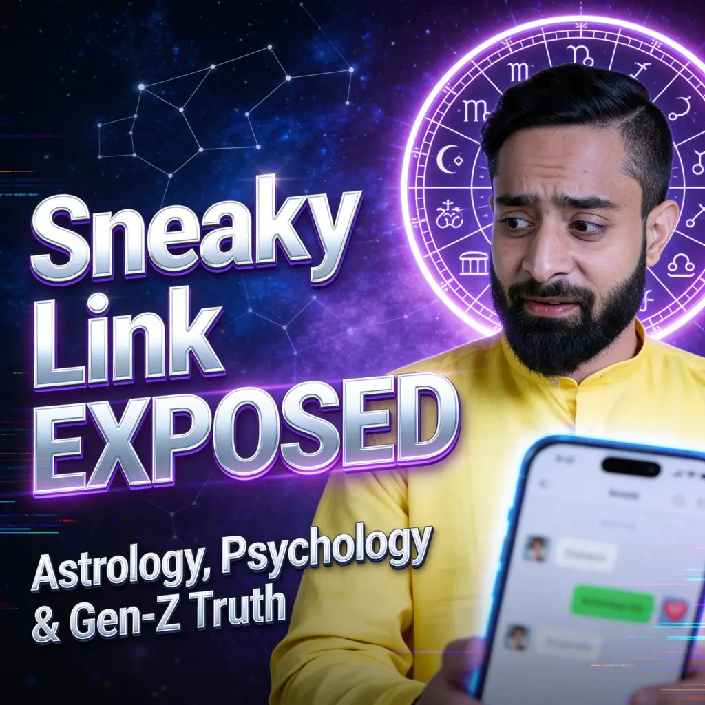 “Sneaky Link exposed concept showing a man looking at secret chat messages on his phone with zodiac astrology wheel in background representing Gen-Z hidden relationships, psychology of secret dating, and astrology insights into modern sneaky link culture.”