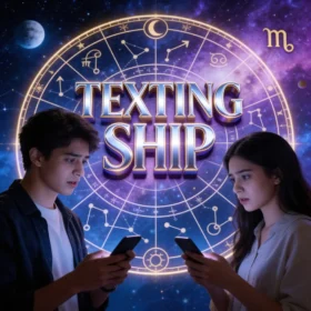 Texting Ship concept showing a young man and woman texting on smartphones with a glowing zodiac wheel and constellations in the background, symbolizing astrology, digital romance, and modern Gen-Z texting relationships.