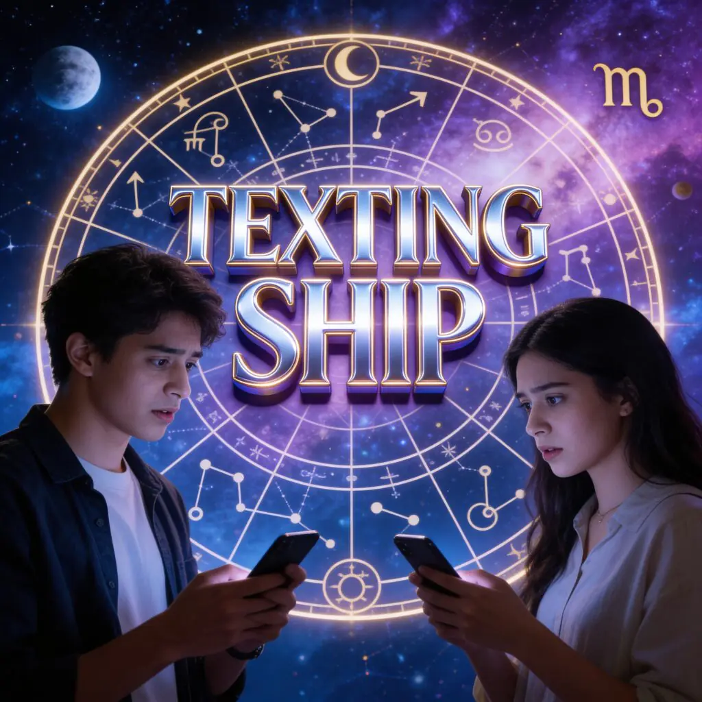 Texting Ship concept showing a young man and woman texting on smartphones with a glowing zodiac wheel and constellations in the background, symbolizing astrology, digital romance, and modern Gen-Z texting relationships.