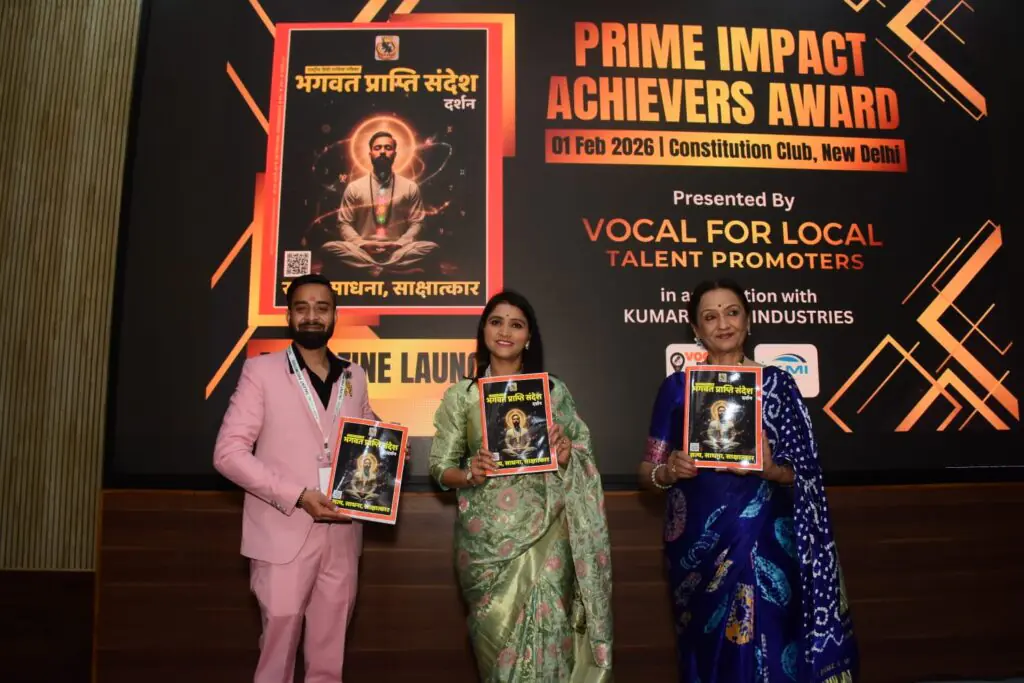 Bhagwat Prapti Sandesh Darshan Magazine Launch at Prime Impact Achievers Award 2026 New Delhi with presenters holding spiritual magazine copies