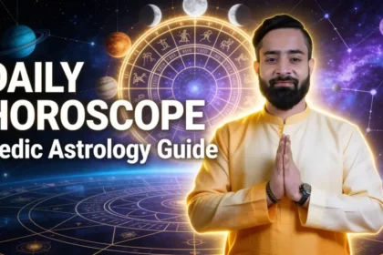 Daily Horoscope Vedic Astrology Guide with astrologer in front of zodiac wheel, planets and cosmic astrology background
