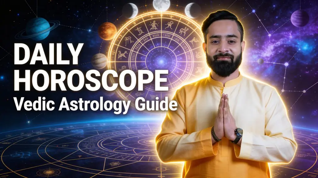 Daily Horoscope Vedic Astrology Guide with astrologer in front of zodiac wheel, planets and cosmic astrology background
