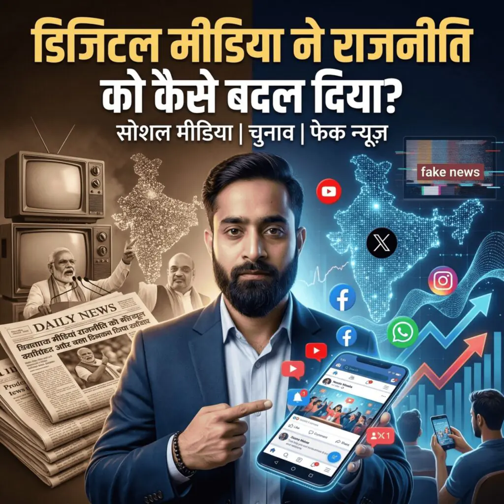 डिजिटल मीडिया ने राजनीति को कैसे बदल दिया – भारत में सोशल मीडिया, चुनावी प्रचार, फेक न्यूज़ और डिजिटल लोकतंत्र के प्रभाव को दर्शाती चित्रात्मक इमेज