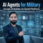 Google AI Agent Builder on GenAI.mil platform for U.S. military showing AI automation dashboard, document analysis, cloud systems, and machine learning tools for defense operations