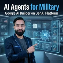 Google AI Agent Builder on GenAI.mil platform for U.S. military showing AI automation dashboard, document analysis, cloud systems, and machine learning tools for defense operations