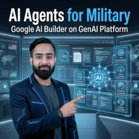 Google AI Agent Builder on GenAI.mil platform for U.S. military showing AI automation dashboard, document analysis, cloud systems, and machine learning tools for defense operations