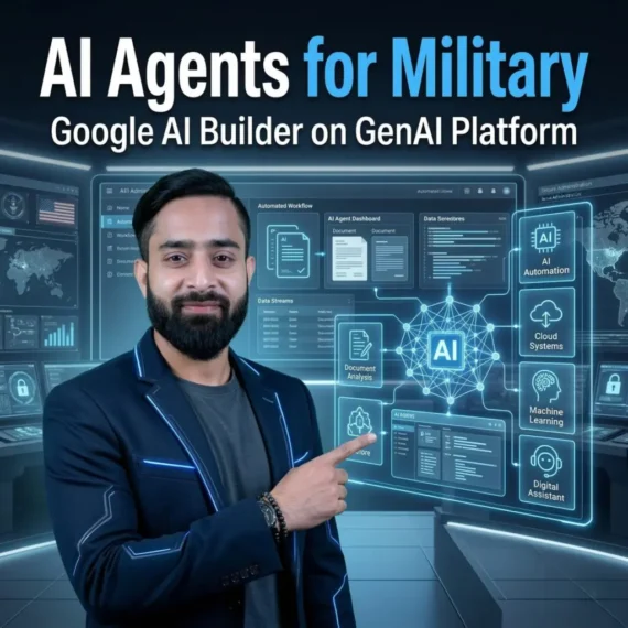 Google AI Agent Builder on GenAI.mil platform for U.S. military showing AI automation dashboard, document analysis, cloud systems, and machine learning tools for defense operations