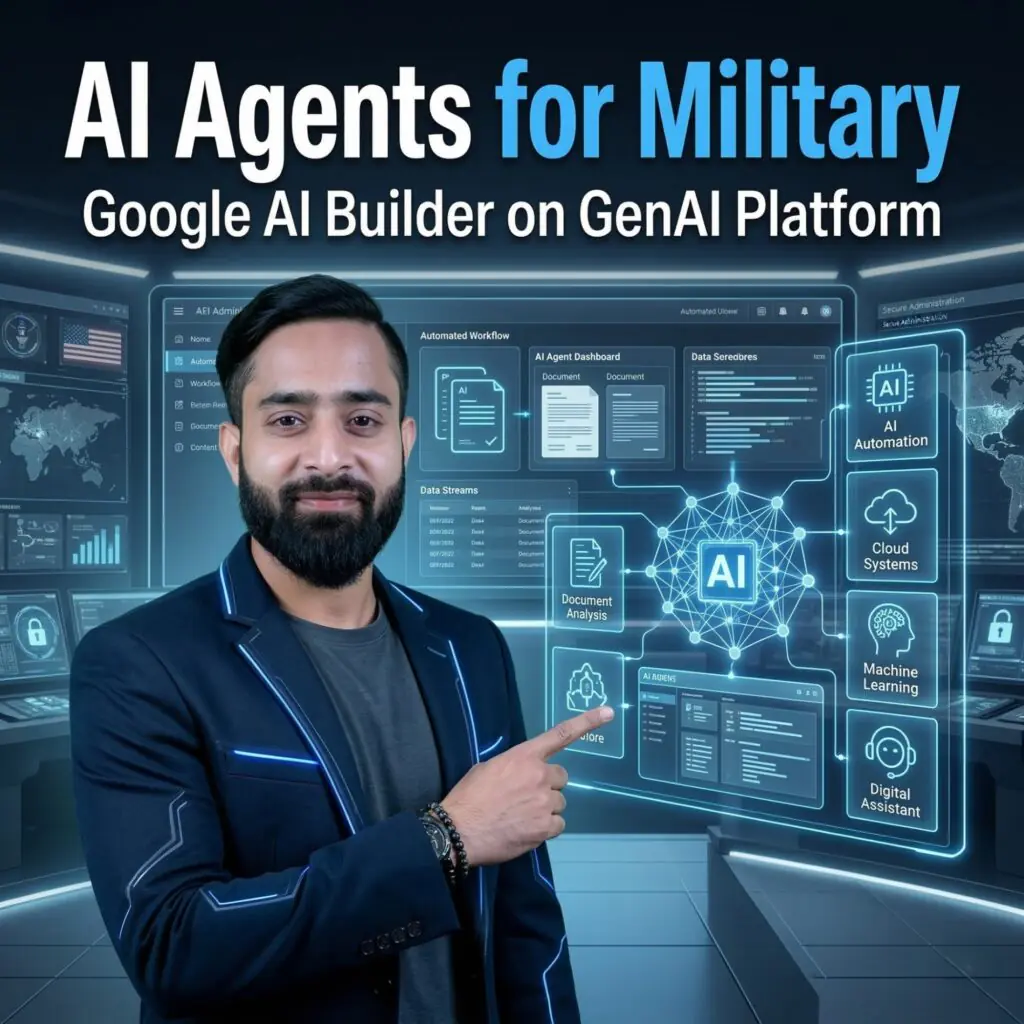 Google AI Agent Builder on GenAI.mil platform for U.S. military showing AI automation dashboard, document analysis, cloud systems, and machine learning tools for defense operations