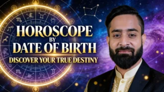 Horoscope by date of birth Vedic astrology concept with zodiac wheel and astrologer explaining destiny and personality through birth chart