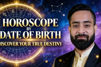 Horoscope by date of birth Vedic astrology concept with zodiac wheel and astrologer explaining destiny and personality through birth chart