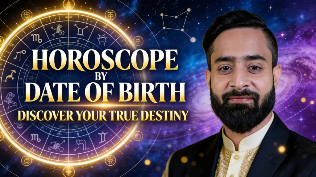 Horoscope by date of birth Vedic astrology concept with zodiac wheel and astrologer explaining destiny and personality through birth chart