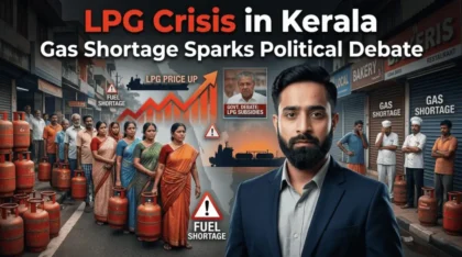 LPG crisis in Kerala showing people standing with cooking gas cylinders as shortages and rising LPG prices spark political debate and subsidy demand from Chief Minister Pinarayi Vijayan.