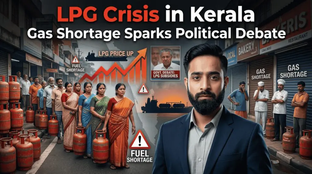 LPG crisis in Kerala showing people standing with cooking gas cylinders as shortages and rising LPG prices spark political debate and subsidy demand from Chief Minister Pinarayi Vijayan.