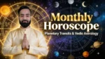 Monthly Horoscope Vedic Astrology concept with astrologer, zodiac wheel, and planetary transits in cosmic background