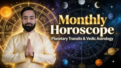 Monthly Horoscope Vedic Astrology concept with astrologer, zodiac wheel, and planetary transits in cosmic background