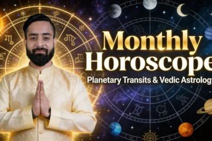 Monthly Horoscope Vedic Astrology concept with astrologer, zodiac wheel, and planetary transits in cosmic background