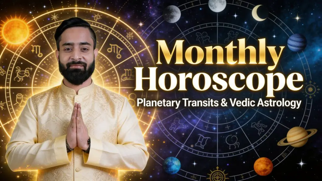 Monthly Horoscope Vedic Astrology concept with astrologer, zodiac wheel, and planetary transits in cosmic background
