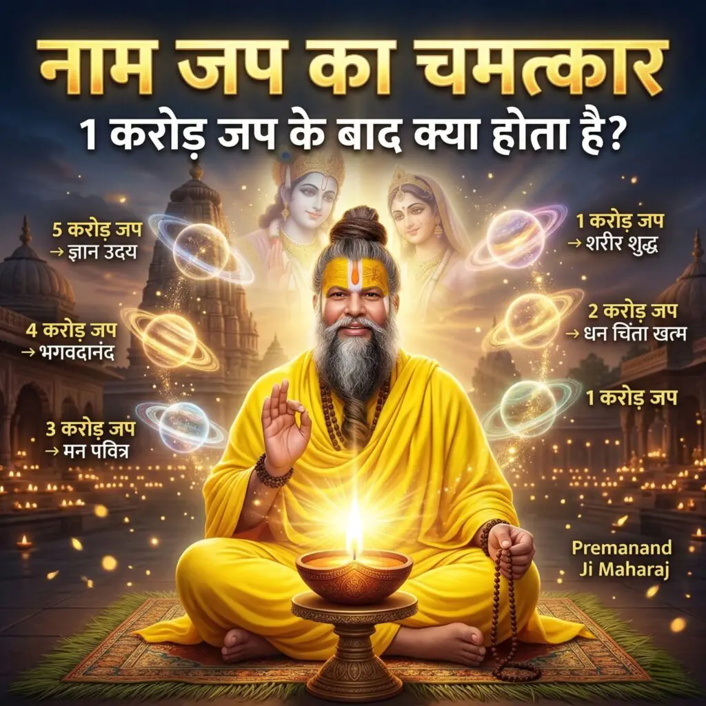 Premanand Ji Maharaj explaining Naam Jap Ki Mahima with spiritual stages of 1 crore to 5 crore naam jap leading to purification, prosperity, divine bliss and spiritual awakening in Sanatan Dharma