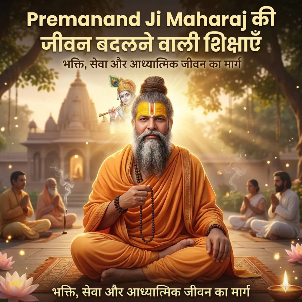 Premanand Ji Maharaj giving spiritual teachings on Radha Krishna bhakti, naam jap, and Sanatan Dharma while meditating in Vrindavan temple surrounded by devotees.