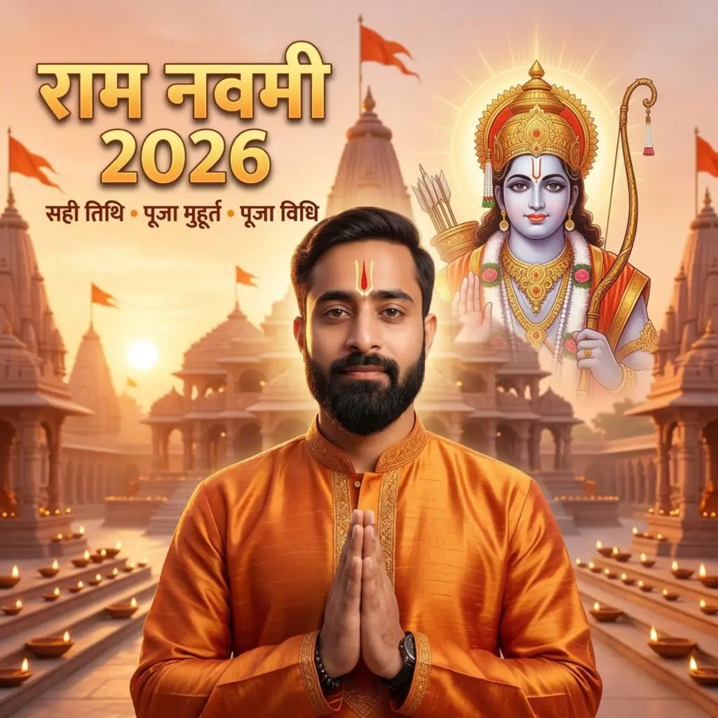 राम नवमी 2026 की तिथि, पूजा मुहूर्त और पूजा विधि के साथ भगवान श्री राम का दिव्य चित्र और भक्त की प्रार्थना