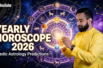 Yearly Horoscope 2026 Vedic astrology predictions with zodiac wheel, planetary transits, and astrologer analyzing horoscope chart
