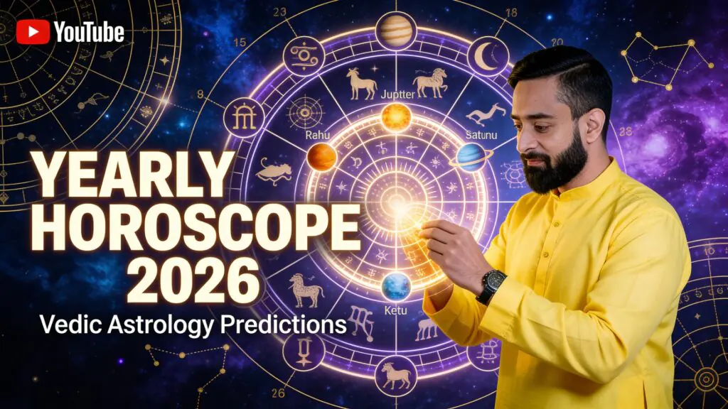 Yearly Horoscope 2026 Vedic astrology predictions with zodiac wheel, planetary transits, and astrologer analyzing horoscope chart