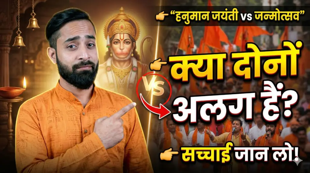 हनुमान जयंती और हनुमान जन्मोत्सव का अंतर दिखाता थंबनेल, भगवान हनुमान, भक्त और धार्मिक उत्सव का दृश्य